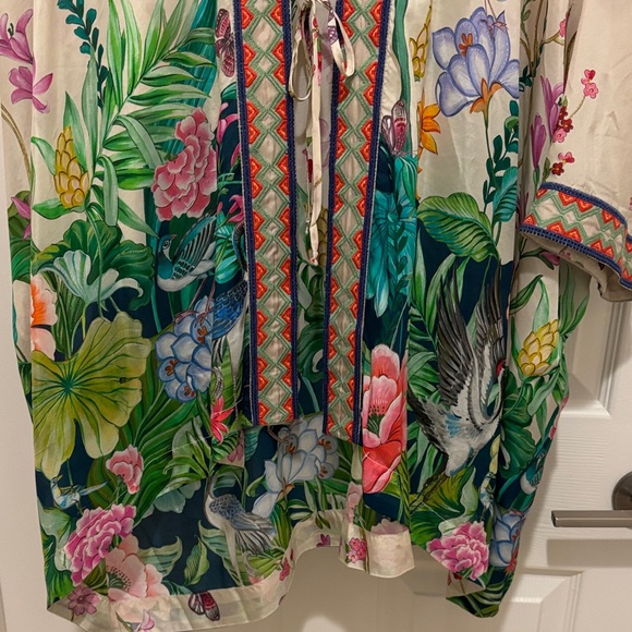 Johnny Was Cream Floral Silk Kimono Cape with Green & Pink Accents - Picture 6 of 11